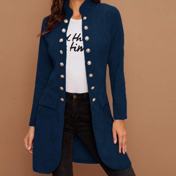 Dusty blue Button Detail Open Front Corduroy Jacket Shacket - Picture 2 of 13